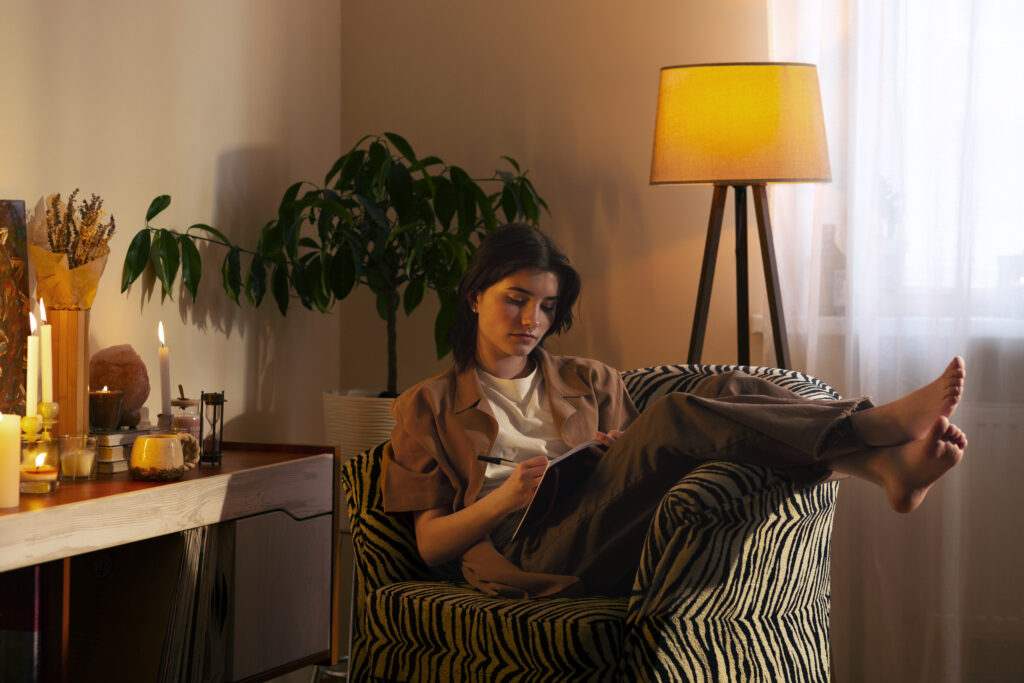 full shot woman writing her journal