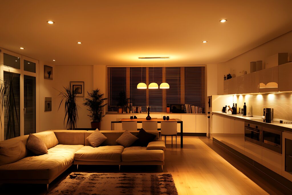 living room with couch table lamp wall