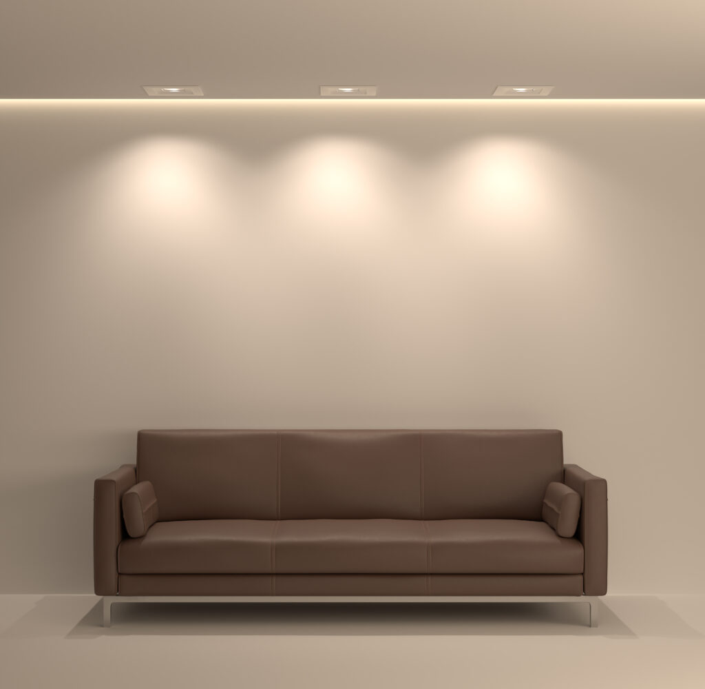 neutral ambient lighting leather sofa living room scene 3d render